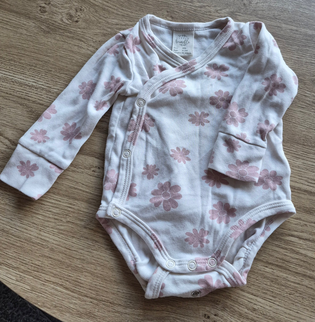 Little Bundle Floral White & Pink Flower Kimono Long Sleeve Bodysuit