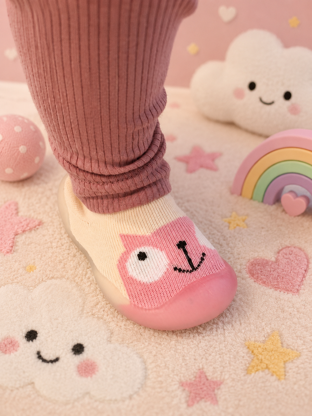 Cat Print Baby First Shoes | Soft Sock Style Shoes with Rubber Sole
