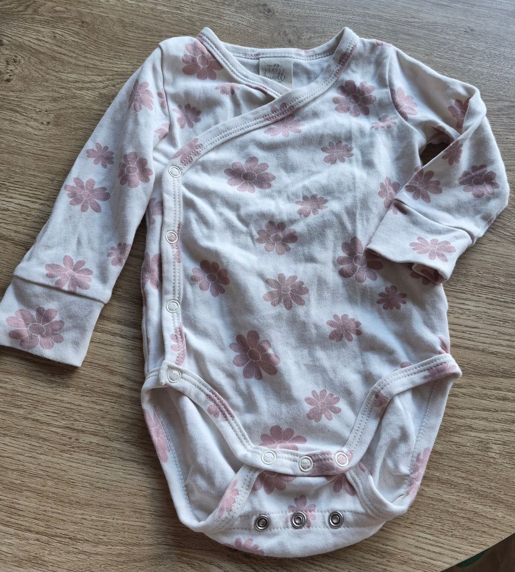 Little Bundle Floral White & Pink Flower Kimono Long Sleeve Bodysuit
