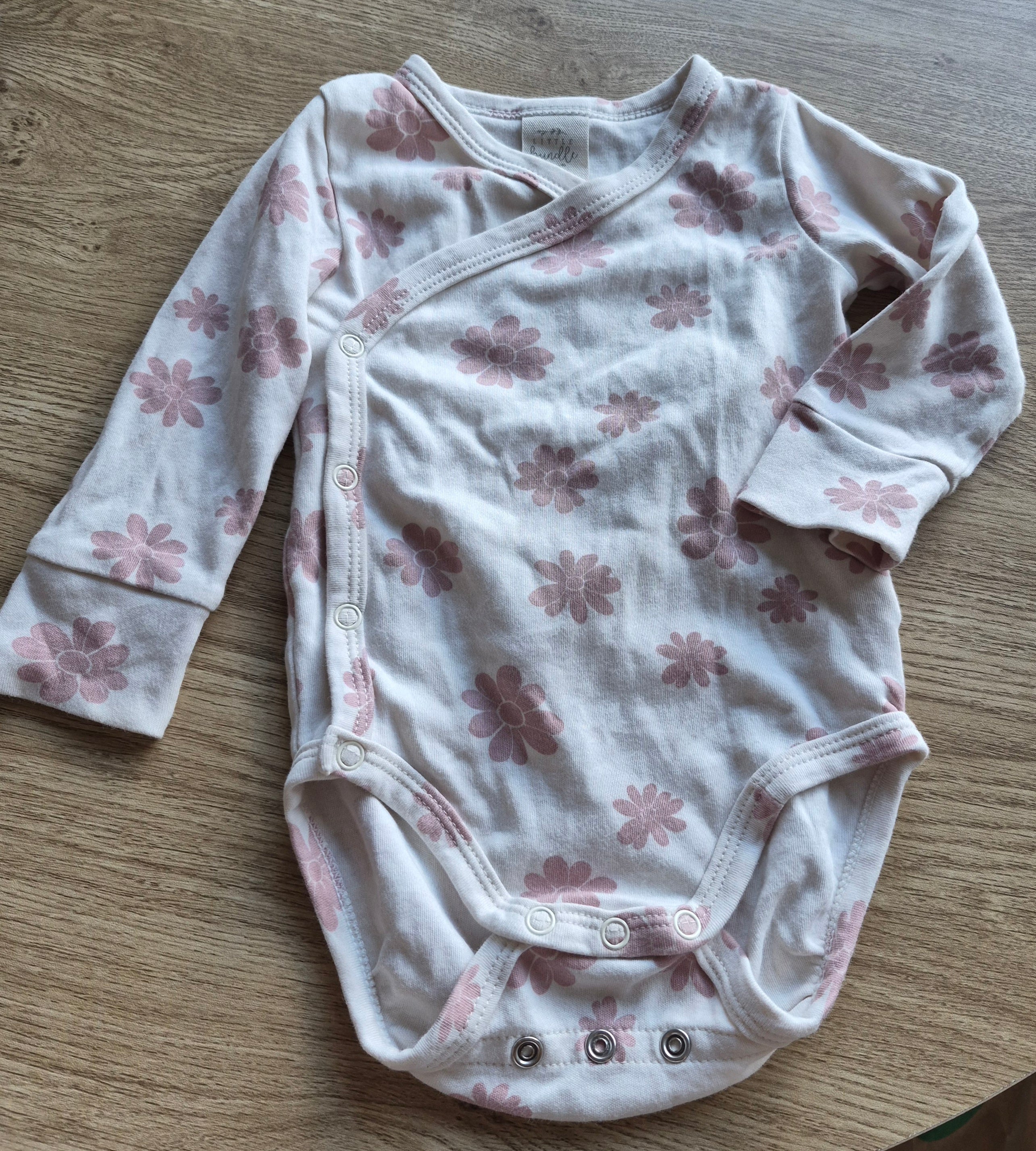 Little Bundle Floral White & Pink Flower Kimono Long Sleeve Bodysuit